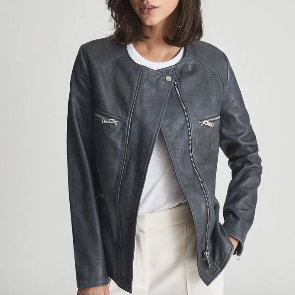 Reiss Collarless Indie Leather Jacket NWT